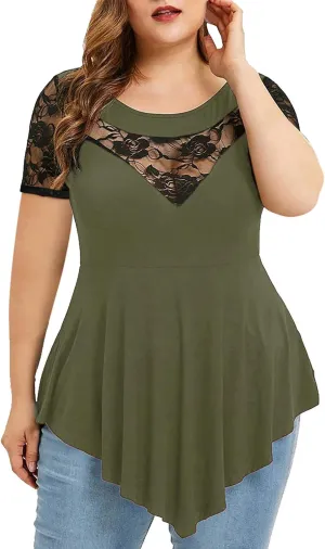Chvity Womens Plus Size Tops O-Neck Asymmetric Short Sleeve Tunics Lace Blouse Shirts for Summer Casual S-5X