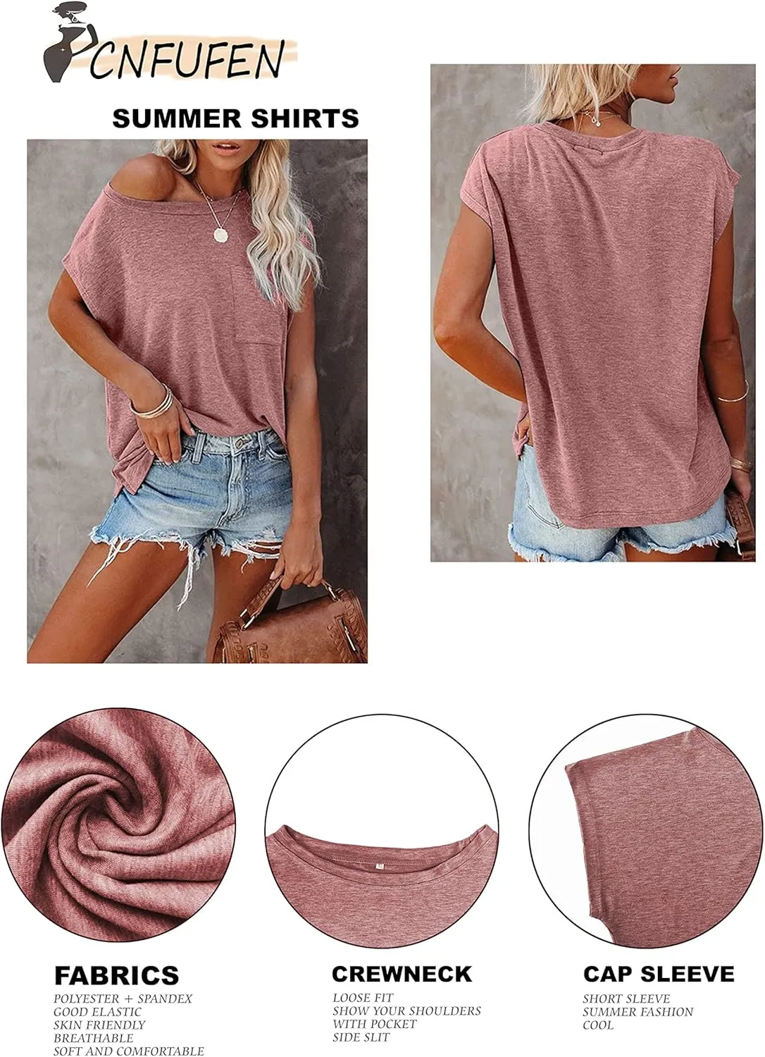 CNFUFEN Long/Short Sleeve T Shirts for Women Fashion Casual Fall/Summer Lightweight Solid Trendy Tops