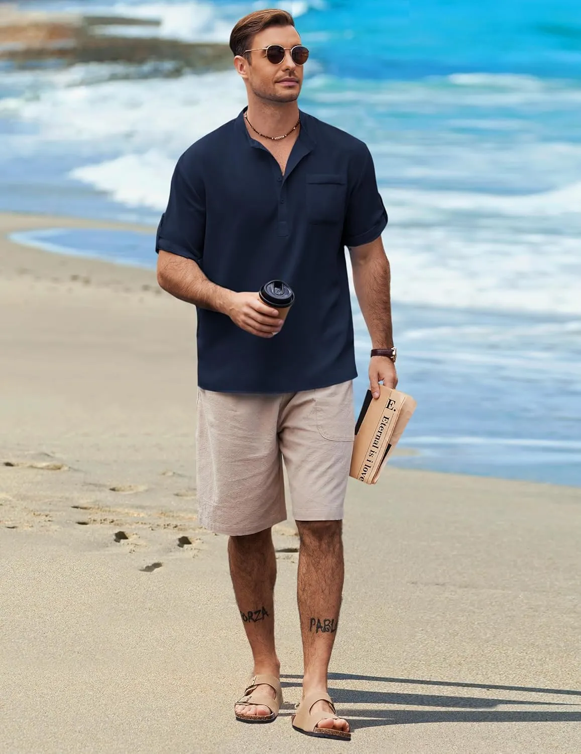 COOFANDY Henley Shirts for Men Short Sleeve Band Collar Casual Shirt Summer Hippie Vacation Beach T Shirts with Pocket
