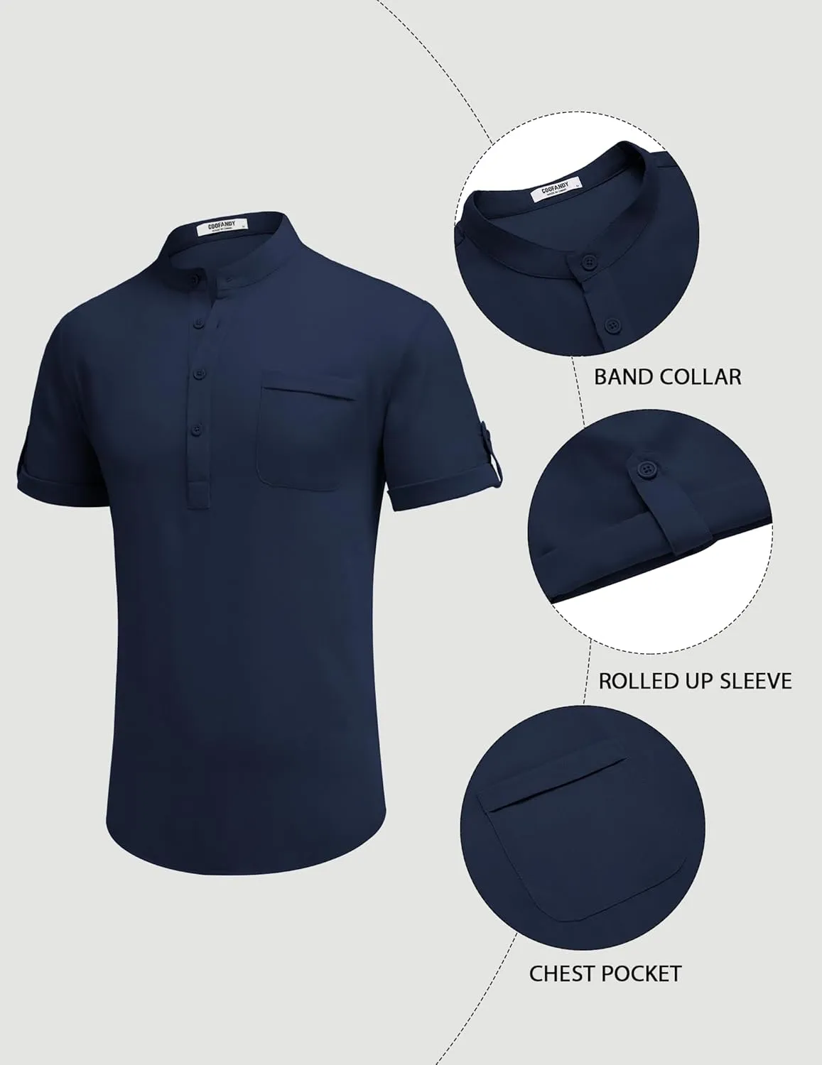 COOFANDY Henley Shirts for Men Short Sleeve Band Collar Casual Shirt Summer Hippie Vacation Beach T Shirts with Pocket