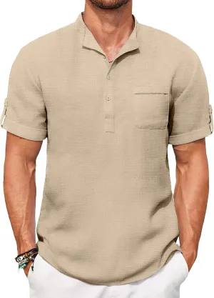 COOFANDY Henley Shirts for Men Short Sleeve Band Collar Casual Shirt Summer Hippie Vacation Beach T Shirts with Pocket