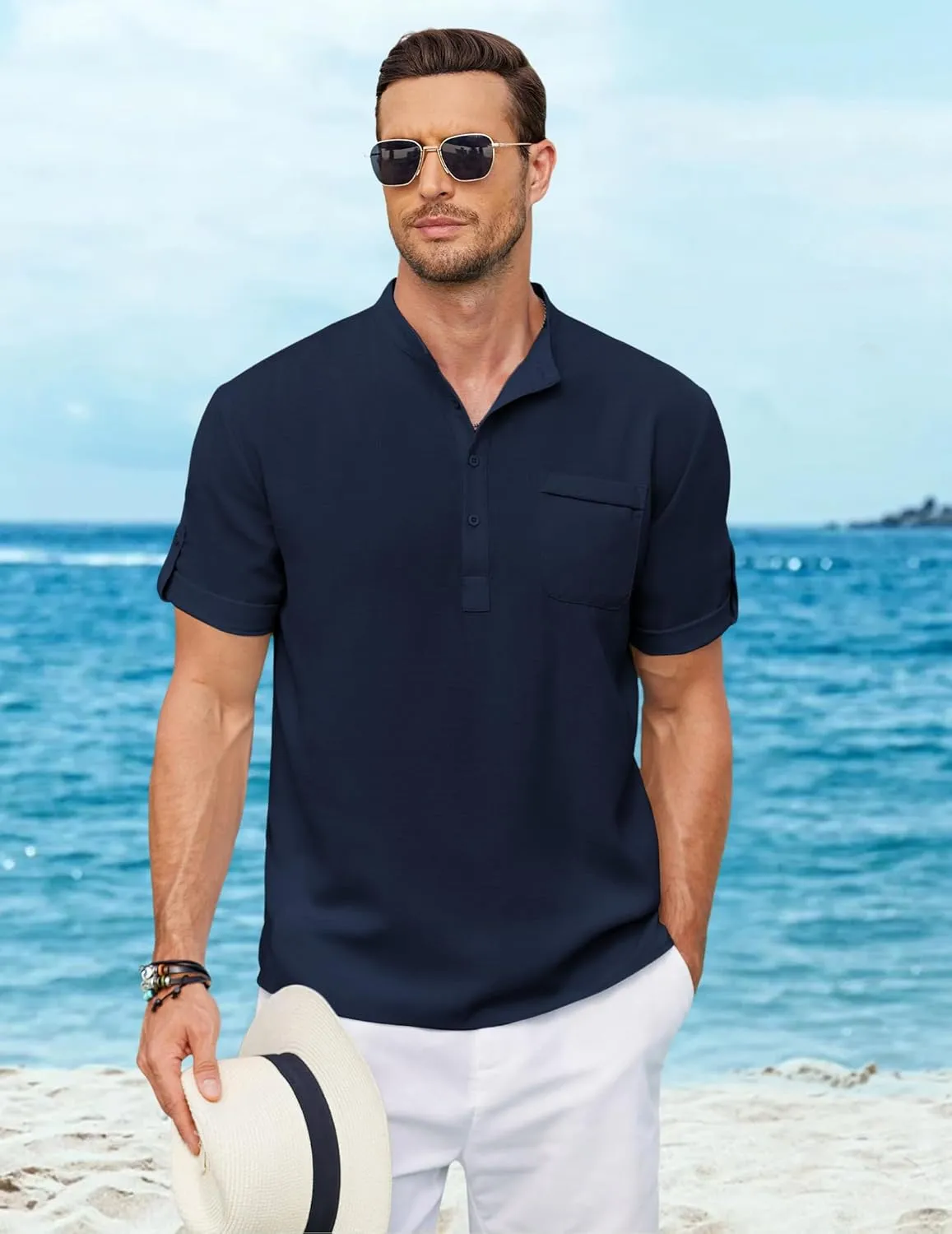 COOFANDY Henley Shirts for Men Short Sleeve Band Collar Casual Shirt Summer Hippie Vacation Beach T Shirts with Pocket