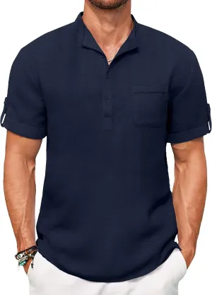 COOFANDY Henley Shirts for Men Short Sleeve Band Collar Casual Shirt Summer Hippie Vacation Beach T Shirts with Pocket
