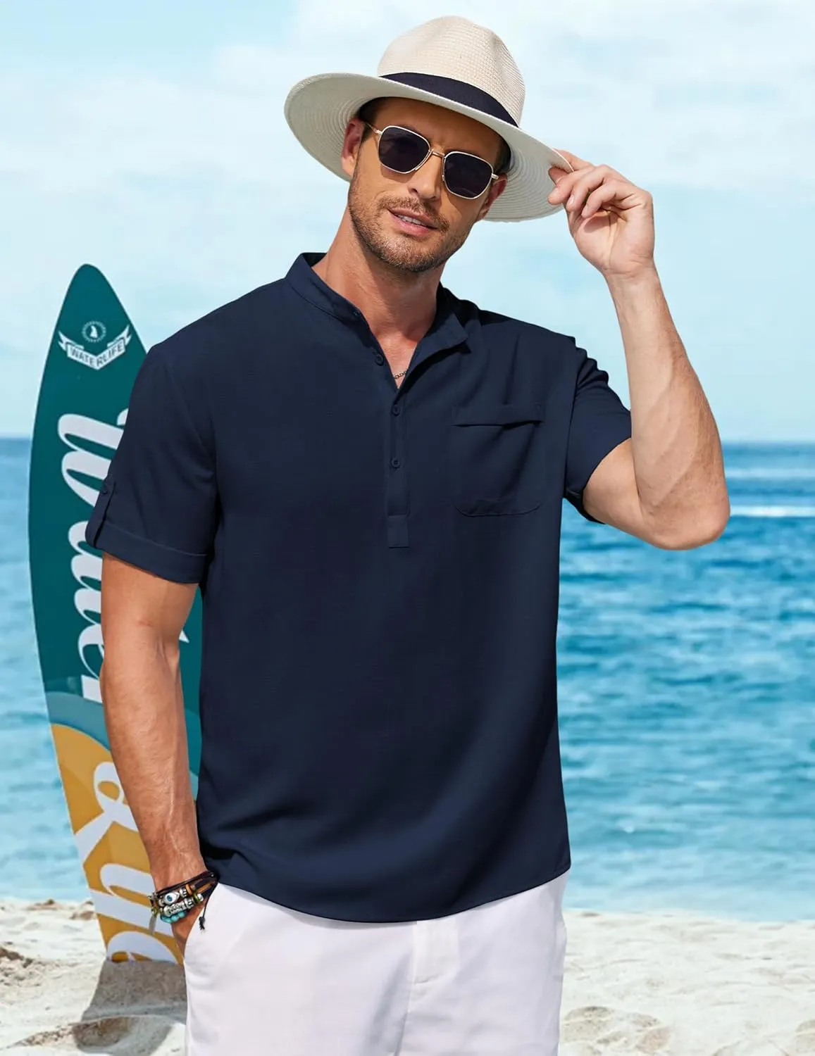 COOFANDY Henley Shirts for Men Short Sleeve Band Collar Casual Shirt Summer Hippie Vacation Beach T Shirts with Pocket