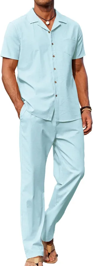 COOFANDY Men 2 Piece Linen Outfit Beach Button Down Shirt Casual Loose Pant Sets