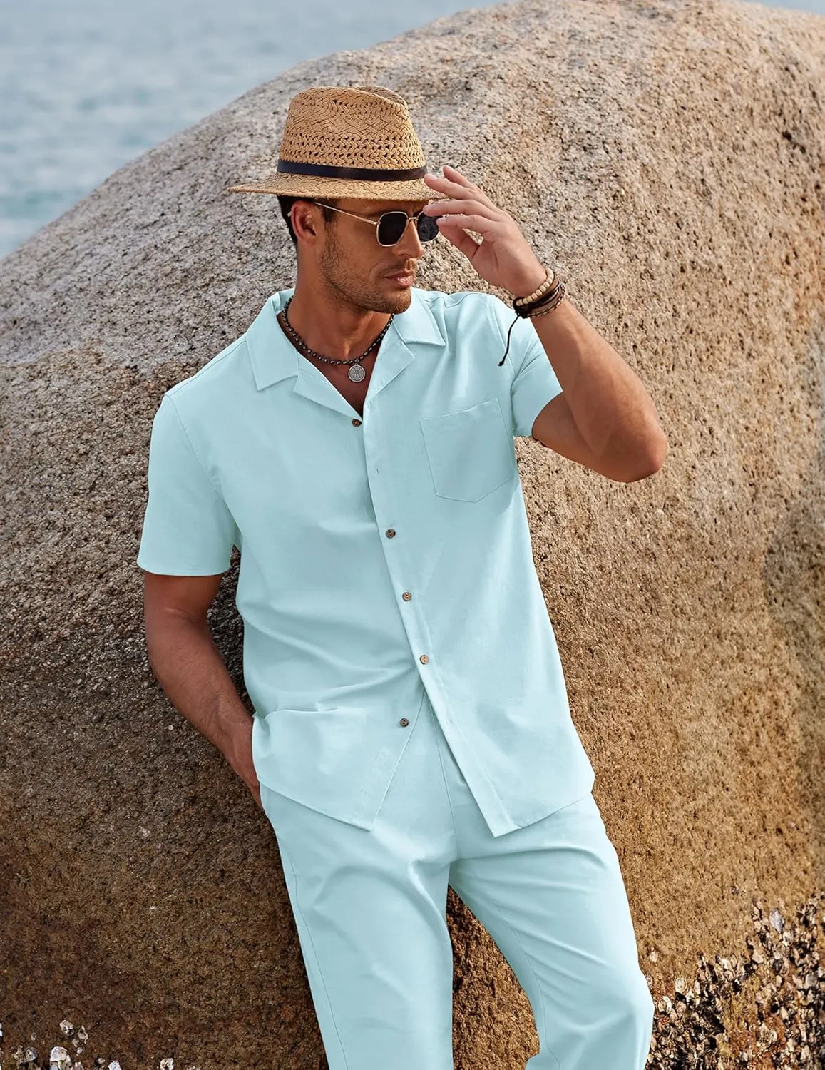 COOFANDY Men 2 Piece Linen Outfit Beach Button Down Shirt Casual Loose Pant Sets