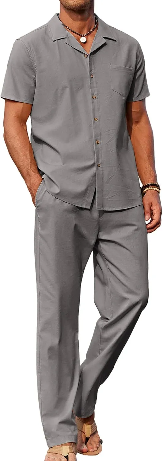 COOFANDY Men 2 Piece Linen Outfit Beach Button Down Shirt Casual Loose Pant Sets