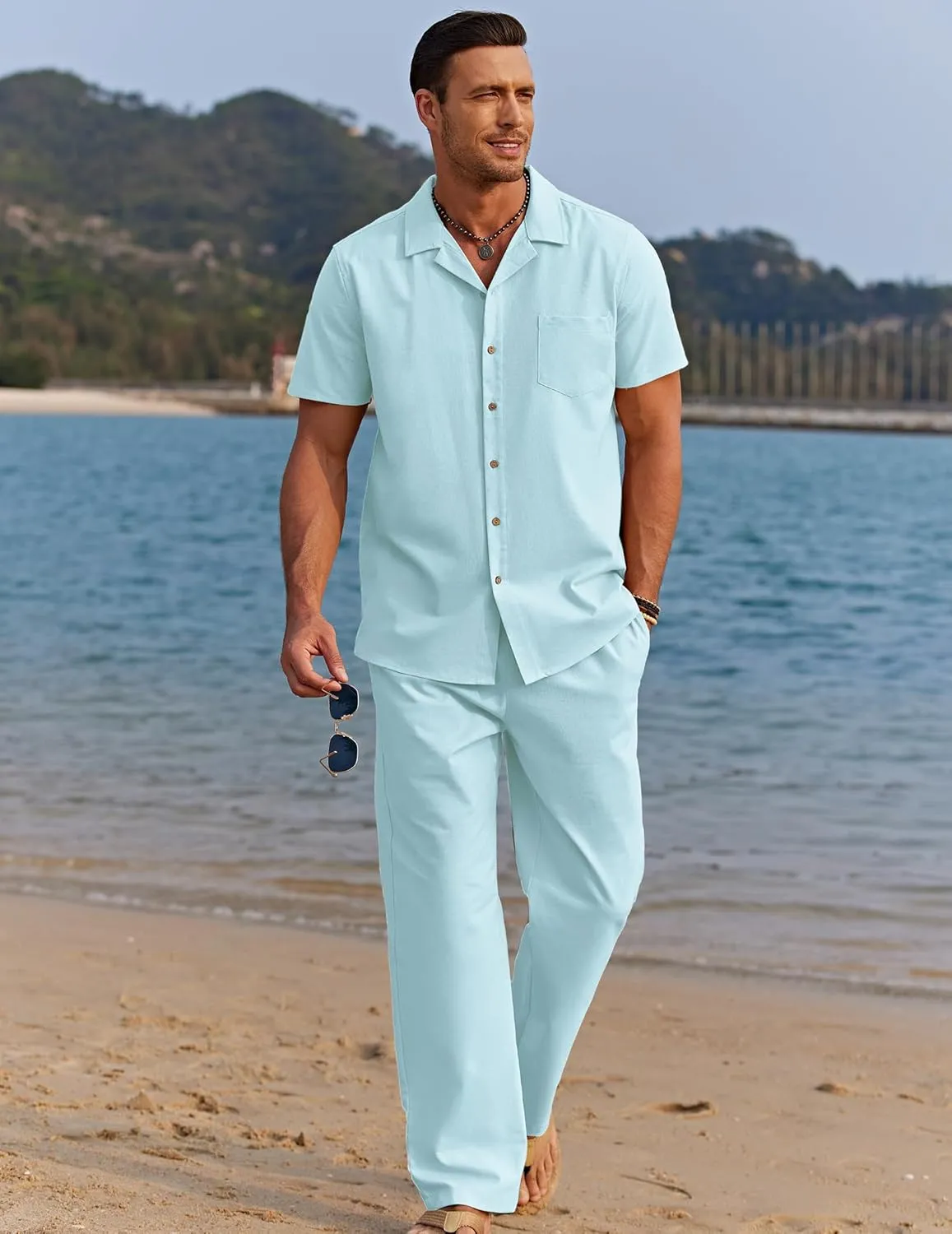COOFANDY Men 2 Piece Linen Outfit Beach Button Down Shirt Casual Loose Pant Sets