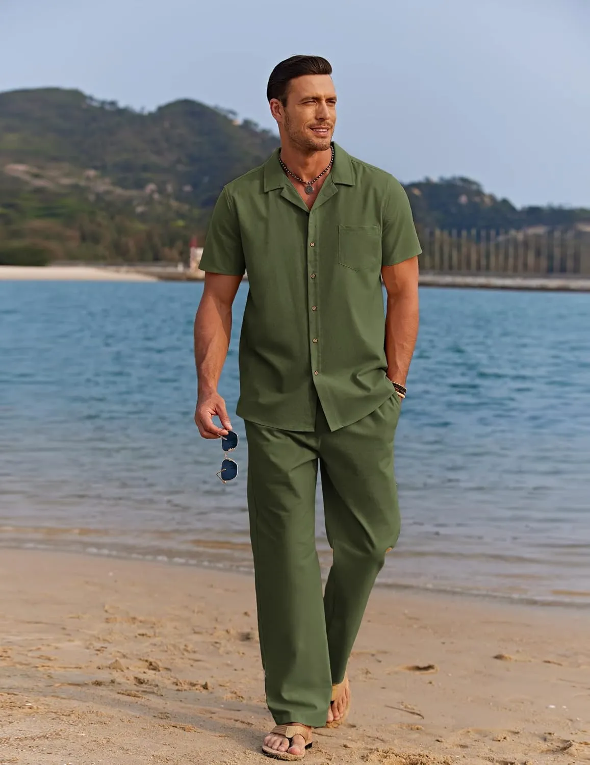 COOFANDY Men 2 Piece Linen Outfit Beach Button Down Shirt Casual Loose Pant Sets