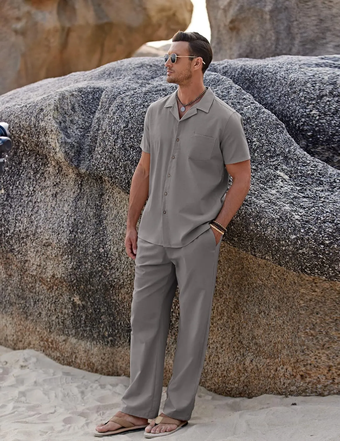 COOFANDY Men 2 Piece Linen Outfit Beach Button Down Shirt Casual Loose Pant Sets