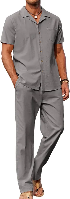 COOFANDY Men 2 Piece Linen Outfit Beach Button Down Shirt Casual Loose Pant Sets