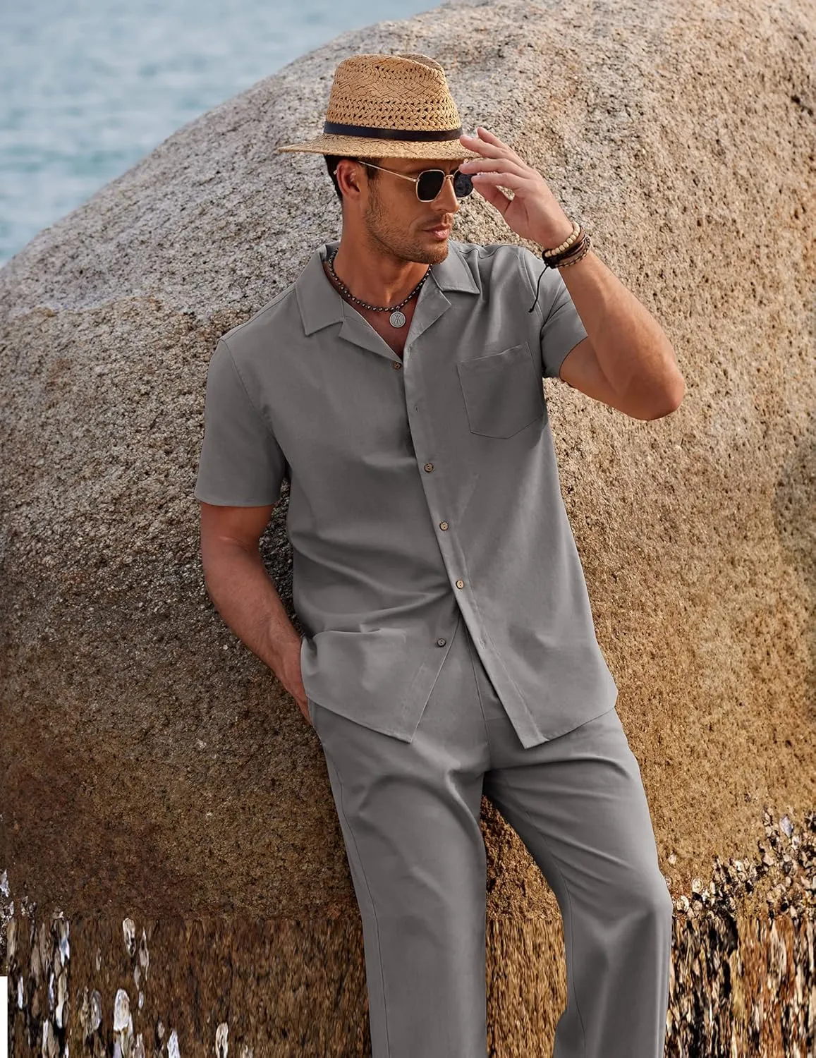 COOFANDY Men 2 Piece Linen Outfit Beach Button Down Shirt Casual Loose Pant Sets