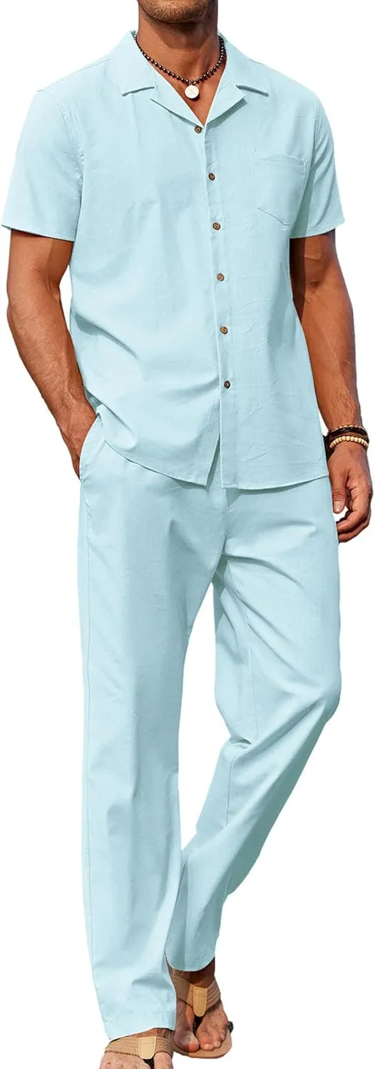 COOFANDY Men 2 Piece Linen Outfit Beach Button Down Shirt Casual Loose Pant Sets
