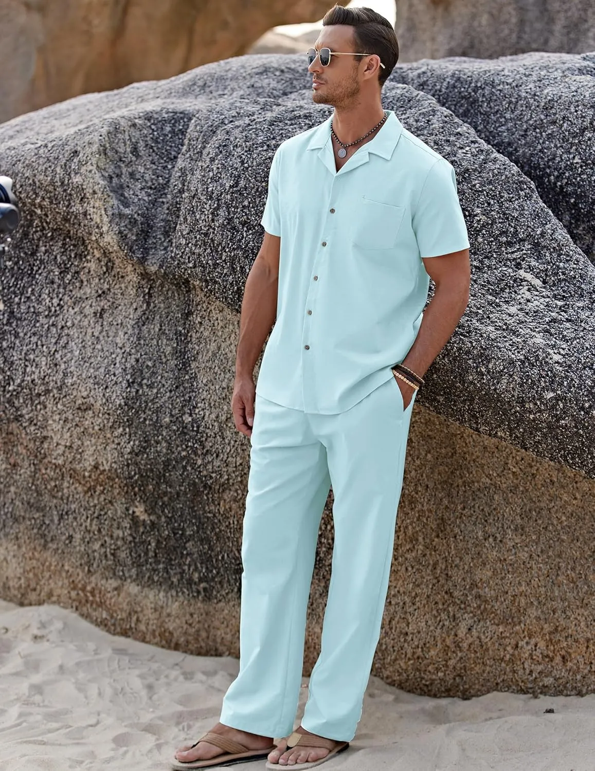 COOFANDY Men 2 Piece Linen Outfit Beach Button Down Shirt Casual Loose Pant Sets