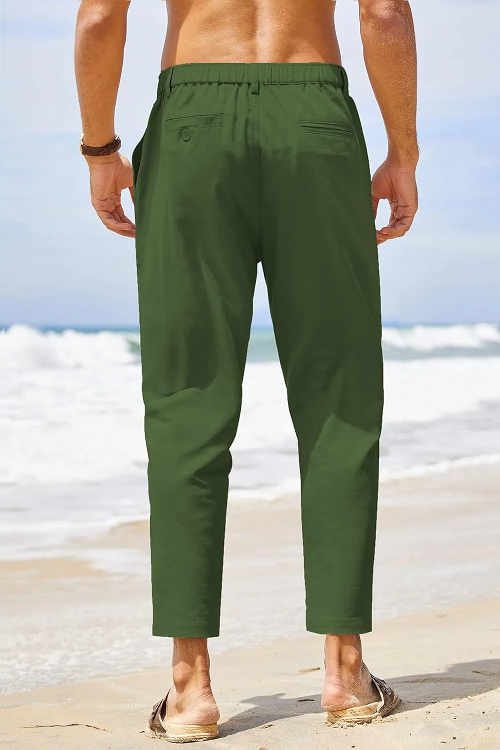 COOFANDY Men's Cotton Linen Pants Elastic Waist Lightweight Casual Pants Relaxed Fit Yoga Beach Pants with Pockets