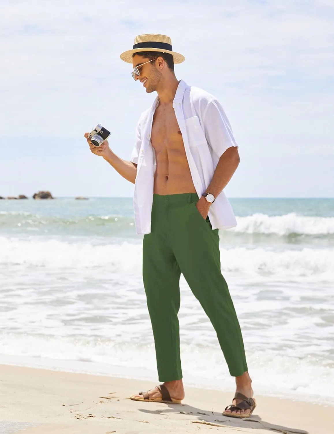 COOFANDY Men's Cotton Linen Pants Elastic Waist Lightweight Casual Pants Relaxed Fit Yoga Beach Pants with Pockets