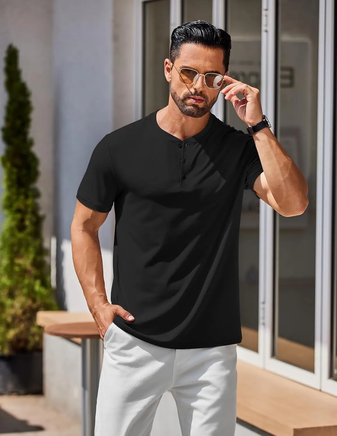 COOFANDY Men's Henley Shirts Cotton Short Sleeve Casual T-Shirt Button Henley Basic Tee Lightweight Summer Top