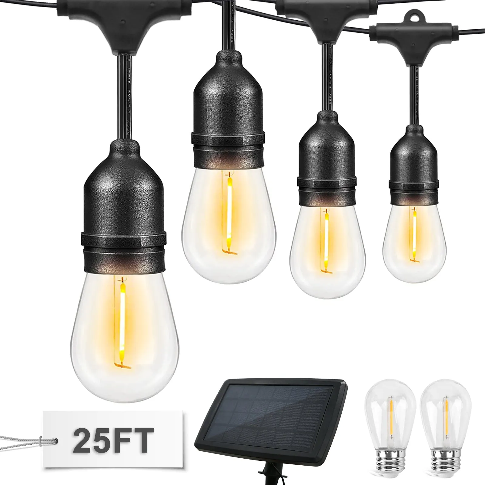 COOS BAY Solar-Powered 25 FT S14 String Lights, IP65, 10 Shatterproof Edison Vintage Bulbs (2 Spare)