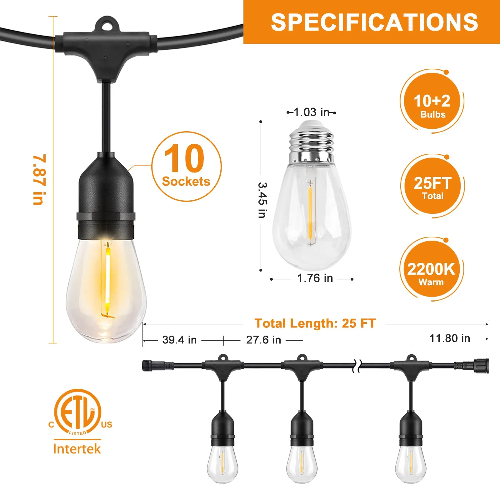 COOS BAY Solar-Powered 25 FT S14 String Lights, IP65, 10 Shatterproof Edison Vintage Bulbs (2 Spare)