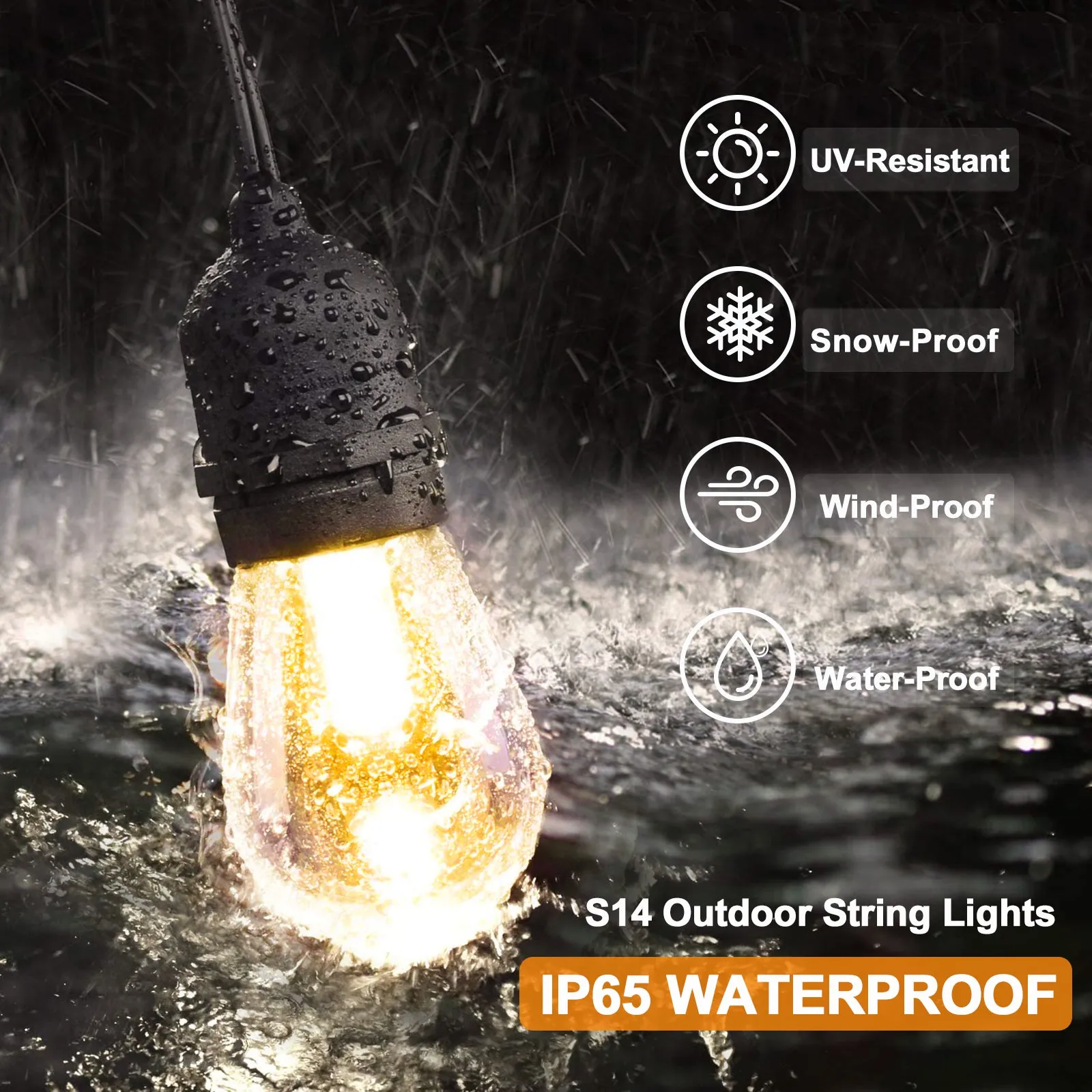 COOS BAY Solar-Powered 25 FT S14 String Lights, IP65, 10 Shatterproof Edison Vintage Bulbs (2 Spare)