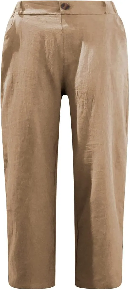 Cotton Linen Capri Pants for Women Casual Summer Straight Leg Trouser Buttons High Waist Cropped Pant with Pocket