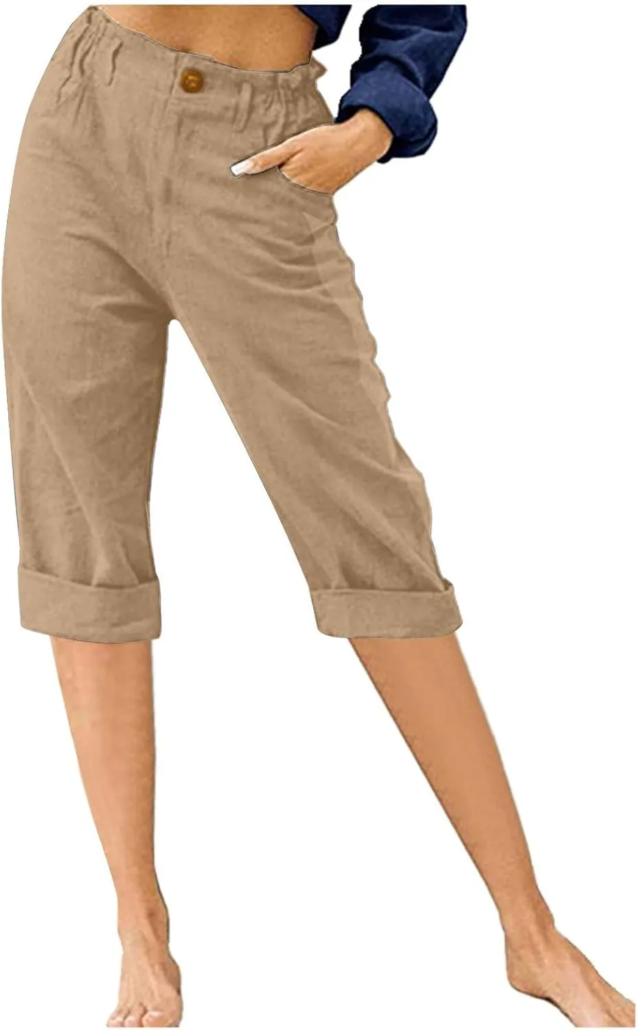 Cotton Linen Capri Pants for Women Casual Summer Straight Leg Trouser Buttons High Waist Cropped Pant with Pocket