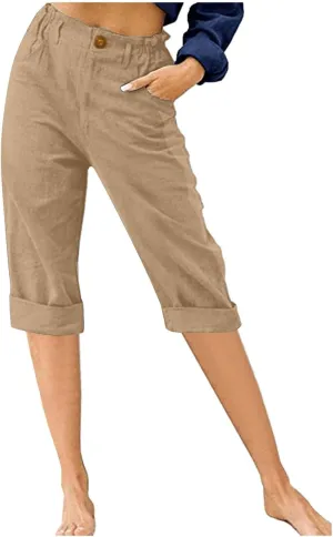 Cotton Linen Capri Pants for Women Casual Summer Straight Leg Trouser Buttons High Waist Cropped Pant with Pocket