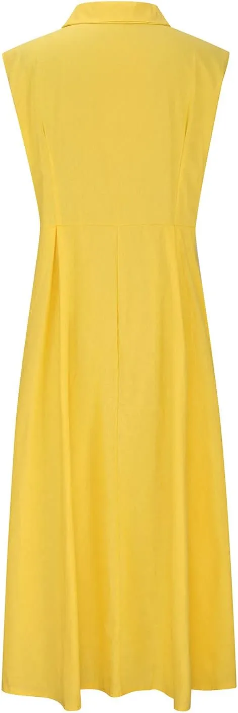 Cotton Linen Dress for Women Loose Fit Button Down Sundresses Sleeveless V Neck A Line Flowy Beach Long Dresses