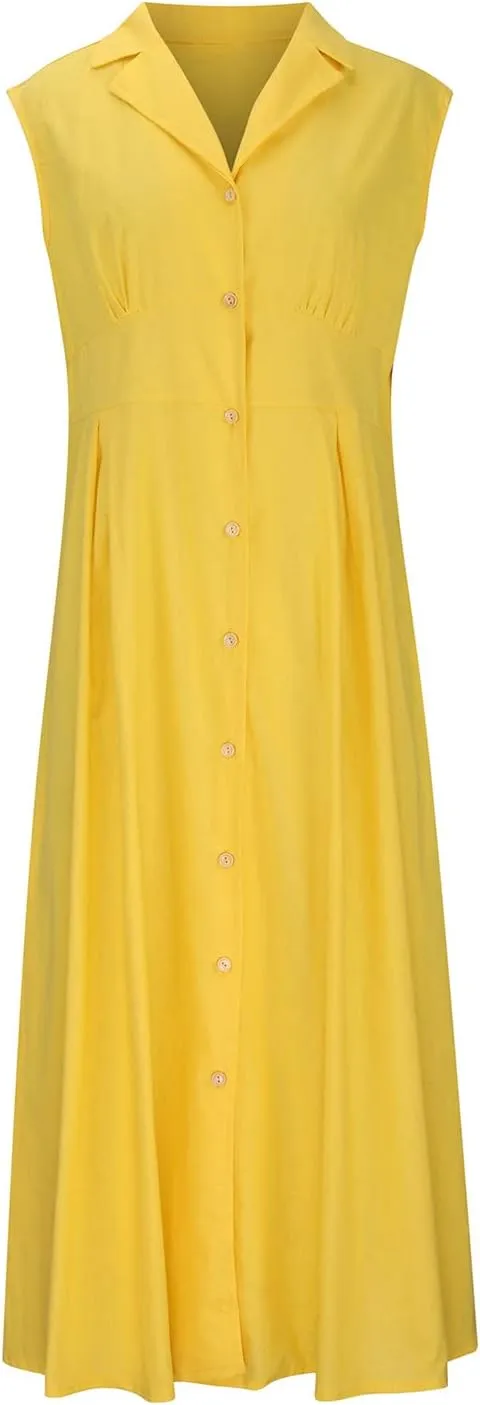 Cotton Linen Dress for Women Loose Fit Button Down Sundresses Sleeveless V Neck A Line Flowy Beach Long Dresses