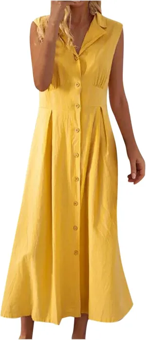 Cotton Linen Dress for Women Loose Fit Button Down Sundresses Sleeveless V Neck A Line Flowy Beach Long Dresses