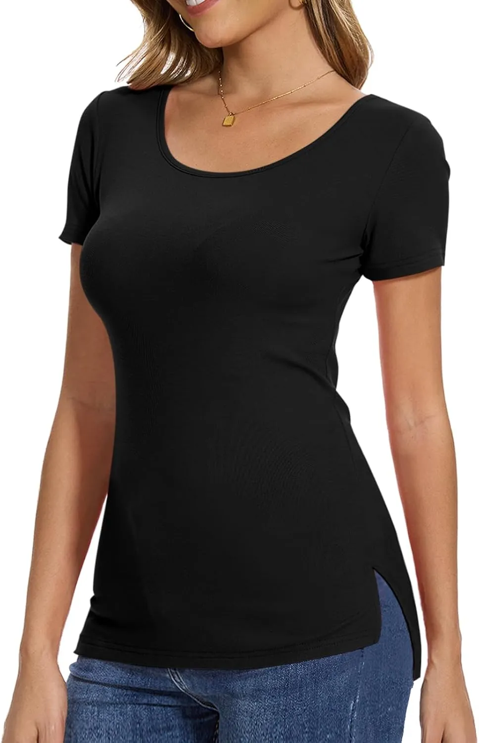 Crew Neck Short Sleeve Tshirt for Women Side Slit Long Casual Tunics Fitted Tees Tops Summer 2025