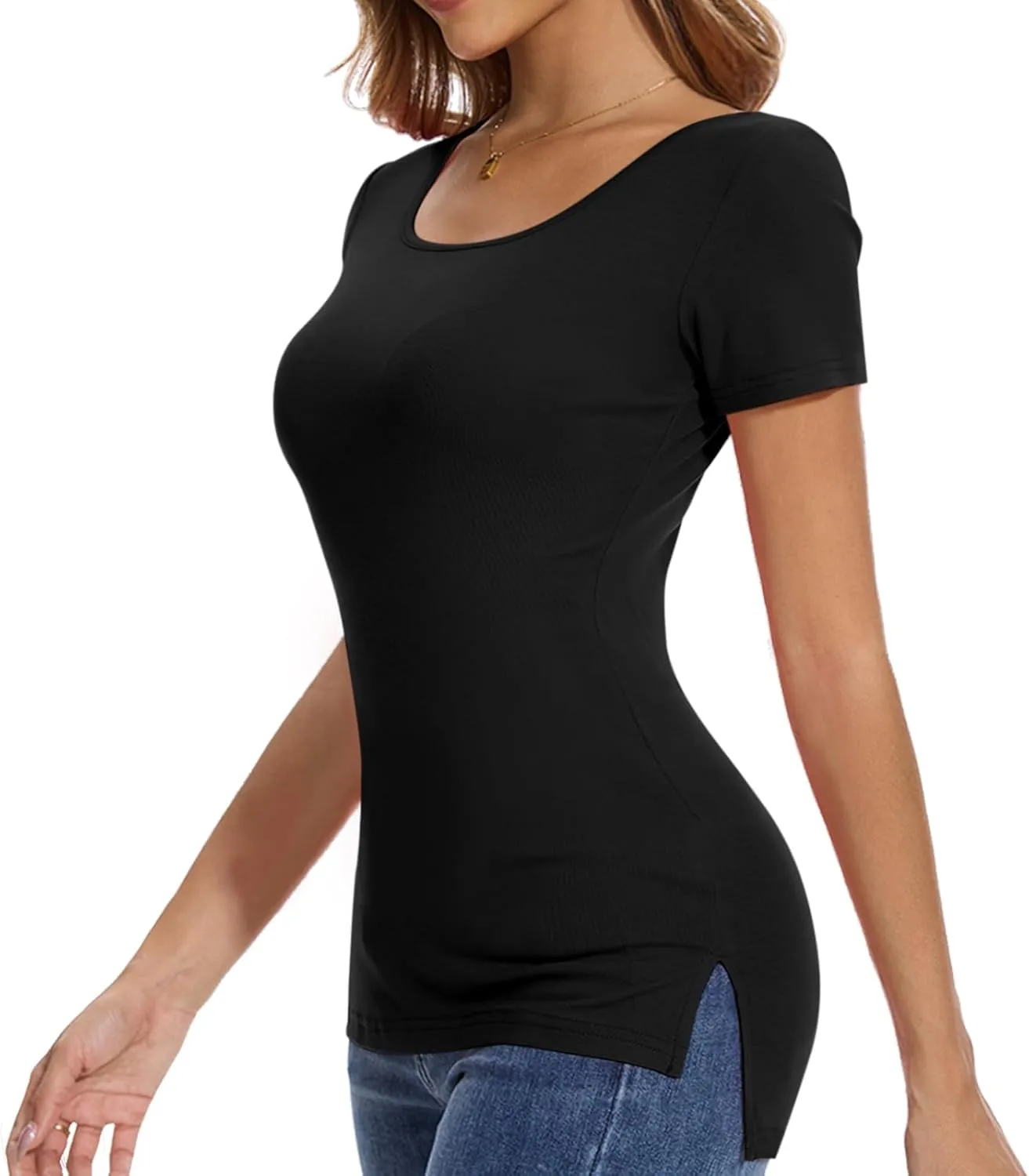 Crew Neck Short Sleeve Tshirt for Women Side Slit Long Casual Tunics Fitted Tees Tops Summer 2025