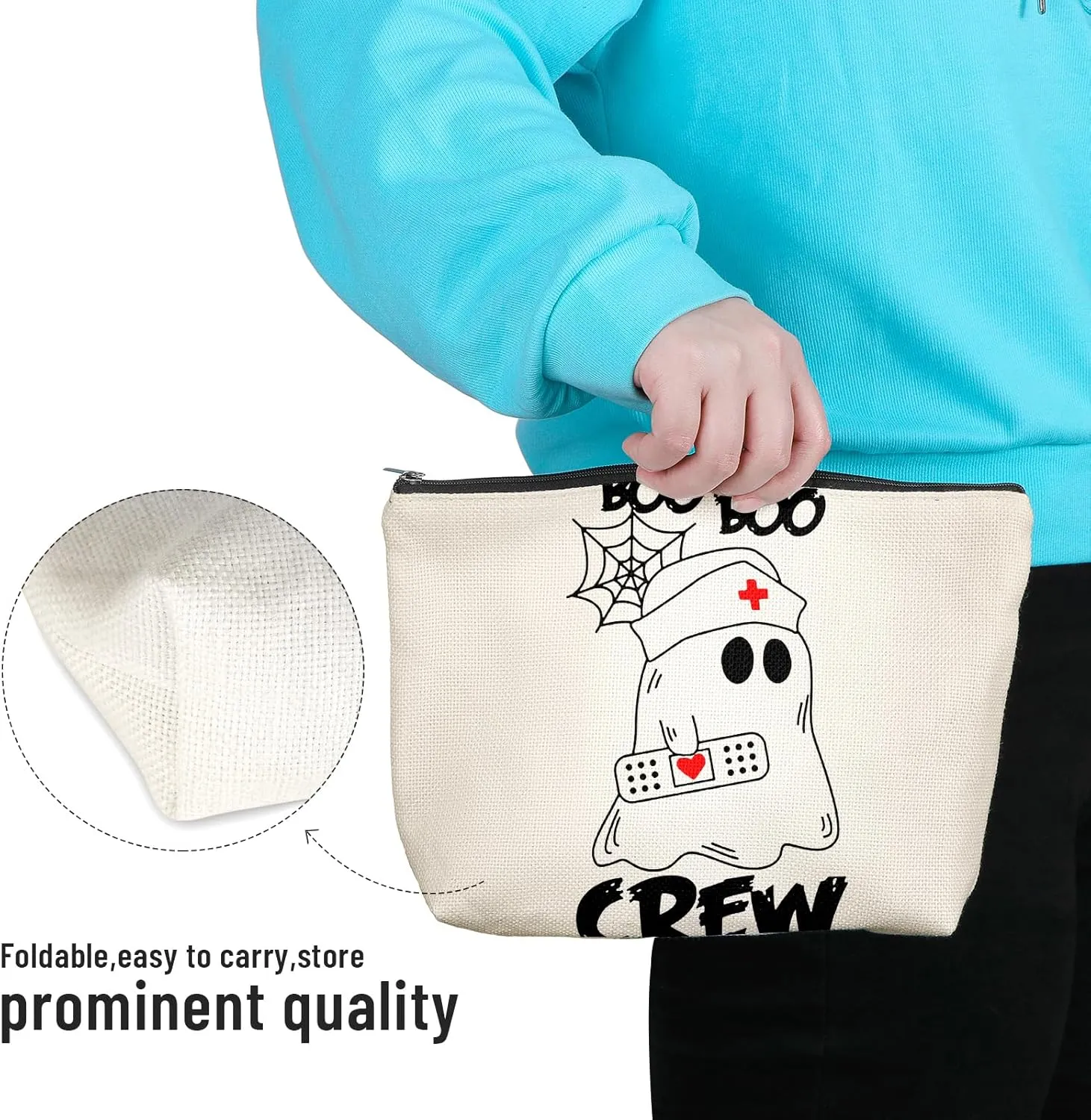 Cute Ghost Nurse Makeup Bag - Funny Spooky Gifts, Zipper Pouch Cosmetic Bag for Nurse Women & Teen Girls