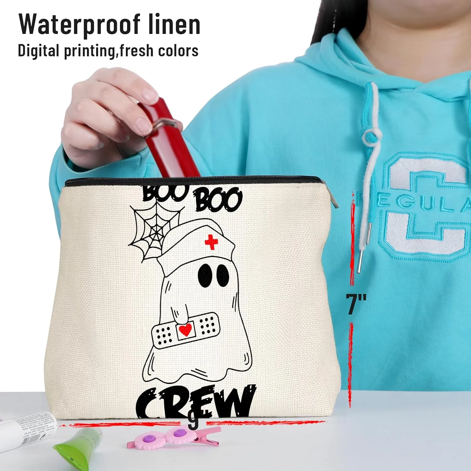 Cute Ghost Nurse Makeup Bag - Funny Spooky Gifts, Zipper Pouch Cosmetic Bag for Nurse Women & Teen Girls