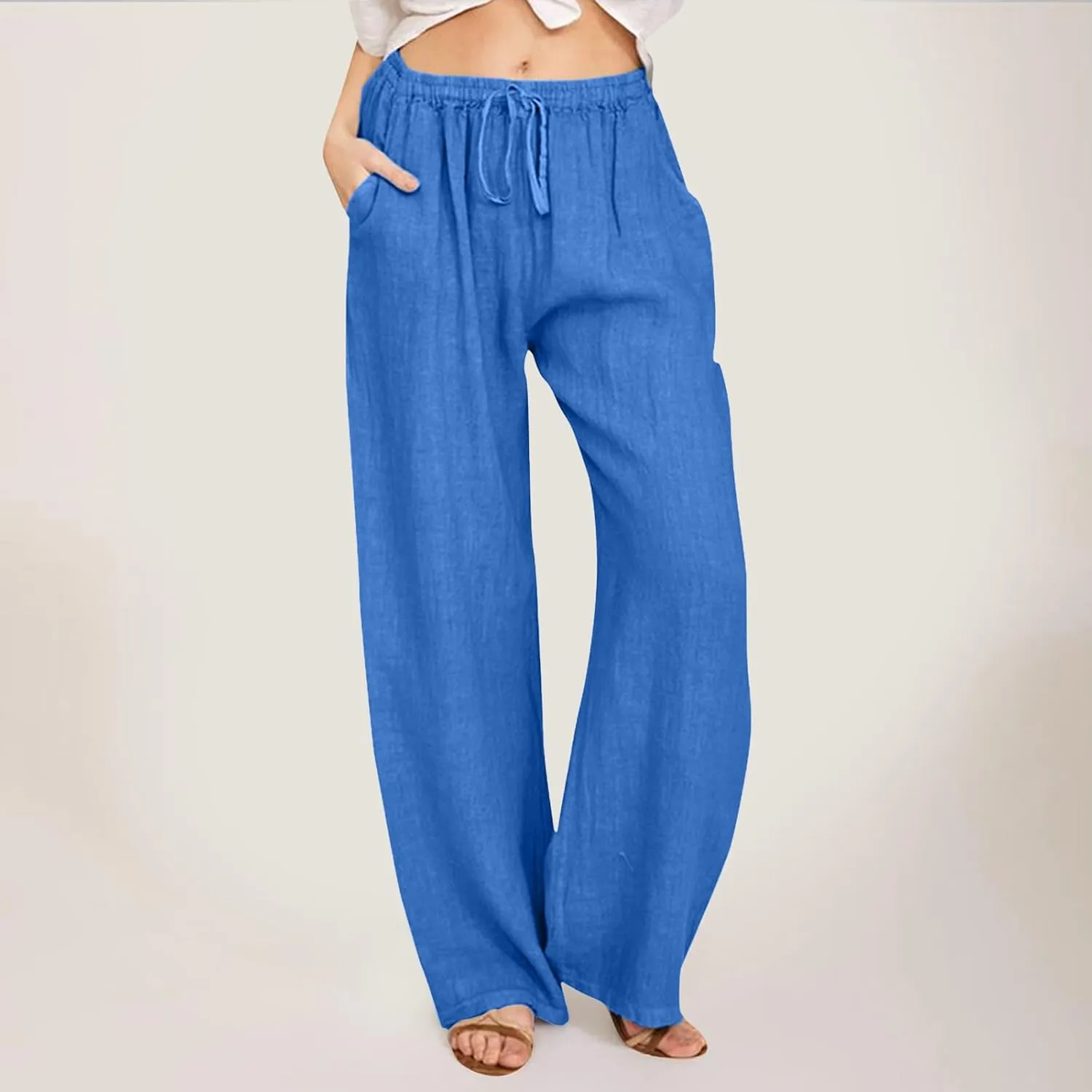 Cute Summer Pants For Women 2024 High Waist Business Pants Linen Wide Leg Sweatpants Palazzo Trouser with Pocket
