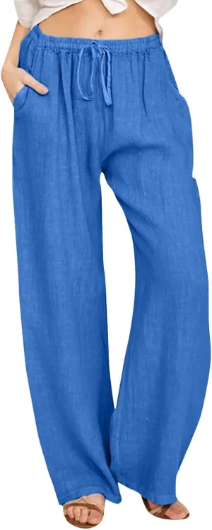 Cute Summer Pants For Women 2024 High Waist Business Pants Linen Wide Leg Sweatpants Palazzo Trouser with Pocket