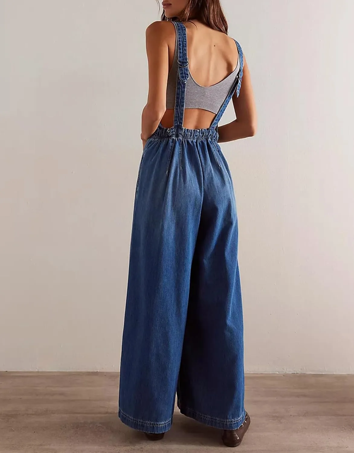 D-Sun Women Denim Overalls Wide Leg Bib Pants Adjustable Strap Sleeveless Jean Jumpsuit Backless Elastic Waist Rompers