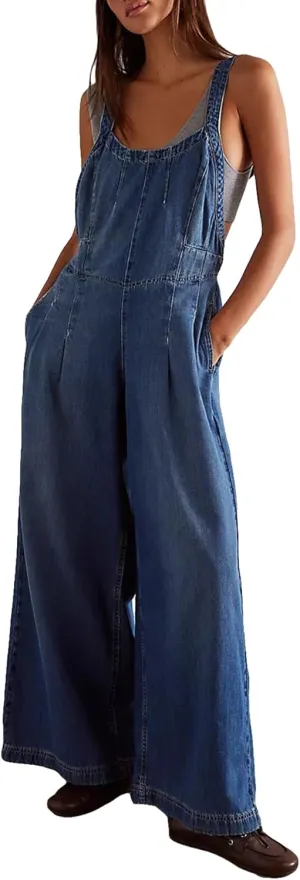 D-Sun Women Denim Overalls Wide Leg Bib Pants Adjustable Strap Sleeveless Jean Jumpsuit Backless Elastic Waist Rompers