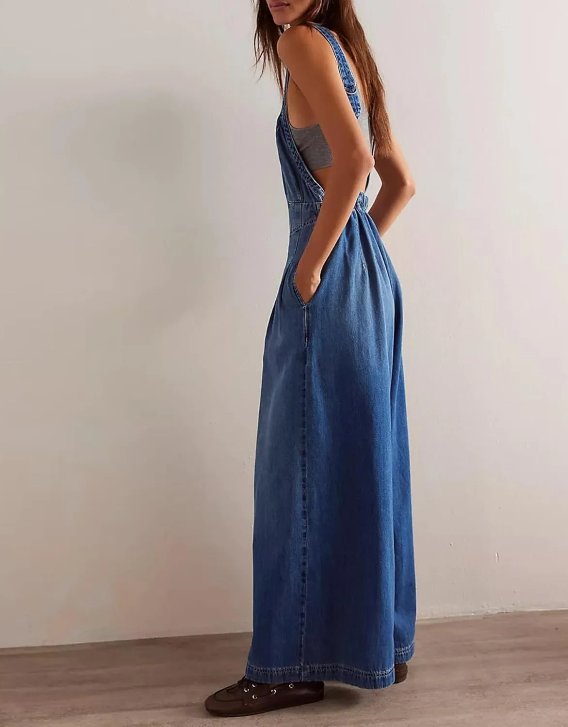 D-Sun Women Denim Overalls Wide Leg Bib Pants Adjustable Strap Sleeveless Jean Jumpsuit Backless Elastic Waist Rompers