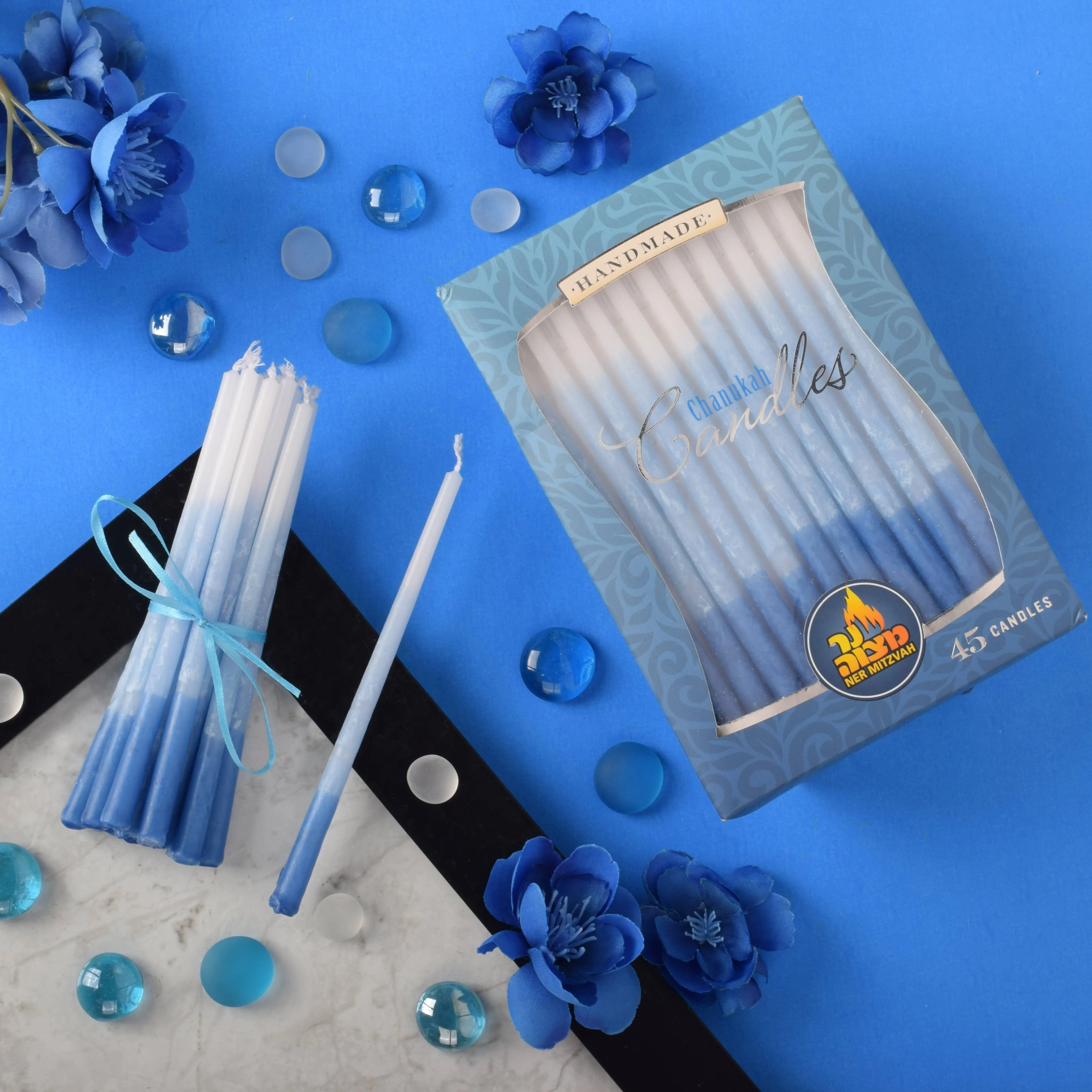 Decorated Blue & White Hanukkah Candles