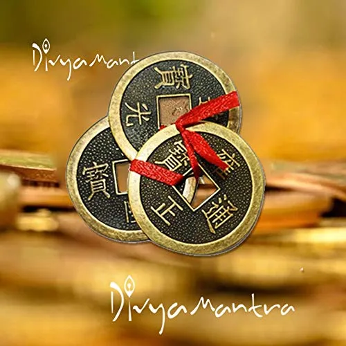 Divya Mantra Feng Shui Chinese Lucky Fortune I-Ching Dragon Coin Ornaments Wealth Charm Amulet 3 Bronze Metal Coins with Hole & Red Ribbon Knot for Good Money Luck, Decoration Charms Set of 3 – Copper