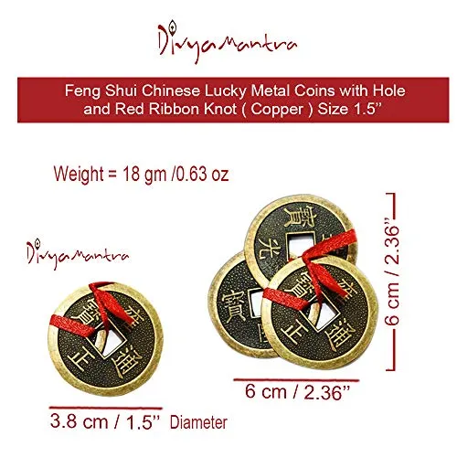 Divya Mantra Feng Shui Chinese Lucky Fortune I-Ching Dragon Coin Ornaments Wealth Charm Amulet 3 Bronze Metal Coins with Hole & Red Ribbon Knot for Good Money Luck, Decoration Charms Set of 3 – Copper