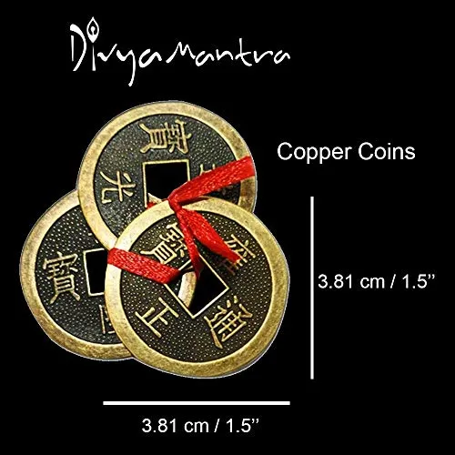 Divya Mantra Feng Shui Chinese Lucky Fortune I-Ching Dragon Coin Ornaments Wealth Charm Amulet 3 Bronze Metal Coins with Hole & Red Ribbon Knot for Good Money Luck, Decoration Charms Set of 3 – Copper