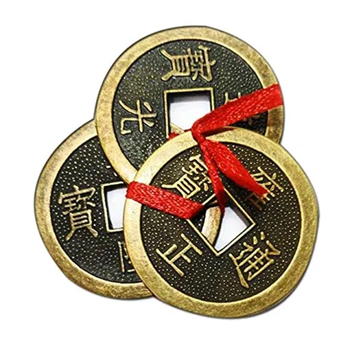 Divya Mantra Feng Shui Chinese Lucky Fortune I-Ching Dragon Coin Ornaments Wealth Charm Amulet 3 Bronze Metal Coins with Hole & Red Ribbon Knot for Good Money Luck, Decoration Charms Set of 3 – Copper