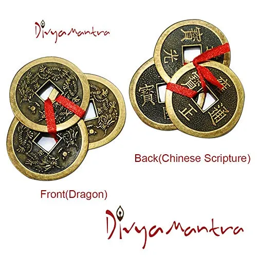 Divya Mantra Feng Shui Chinese Lucky Fortune I-Ching Dragon Coin Ornaments Wealth Charm Amulet 3 Bronze Metal Coins with Hole & Red Ribbon Knot for Good Money Luck, Decoration Charms Set of 3 – Copper