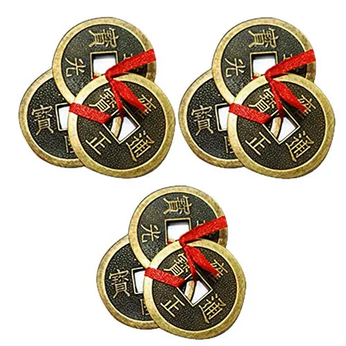 Divya Mantra Feng Shui Chinese Lucky Fortune I-Ching Dragon Coin Ornaments Wealth Charm Amulet 3 Bronze Metal Coins with Hole & Red Ribbon Knot for Good Money Luck, Decoration Charms Set of 3 – Copper