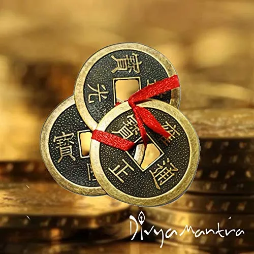 Divya Mantra Feng Shui Chinese Lucky Fortune I-Ching Dragon Coin Ornaments Wealth Charm Amulet 3 Bronze Metal Coins with Hole & Red Ribbon Knot for Good Money Luck, Decoration Charms Set of 3 – Copper