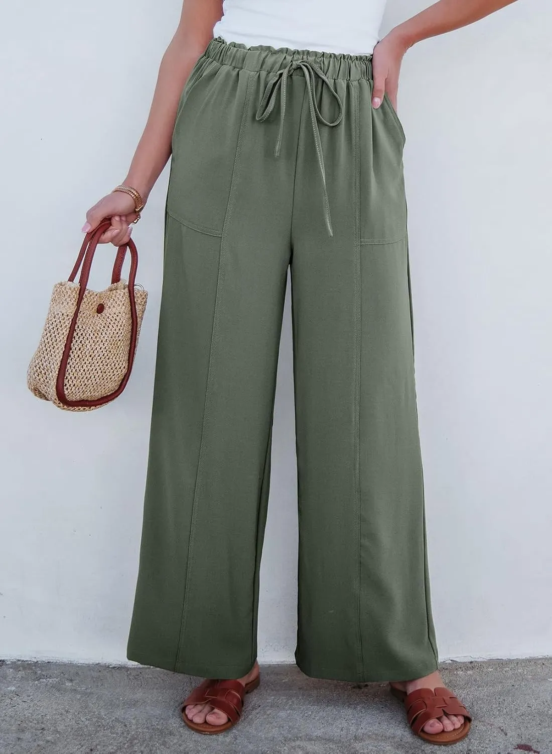 Dokotoo Women's Flowy Wide Leg Pants Casual Beach Pants High Waisted Drawstring Palazzo Trousers with Pockets