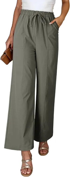 Dokotoo Women's Flowy Wide Leg Pants Casual Beach Pants High Waisted Drawstring Palazzo Trousers with Pockets
