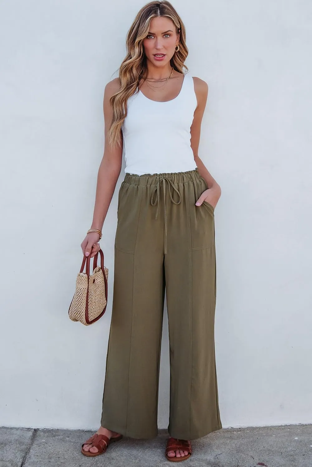 Dokotoo Women's Flowy Wide Leg Pants Casual Beach Pants High Waisted Drawstring Palazzo Trousers with Pockets